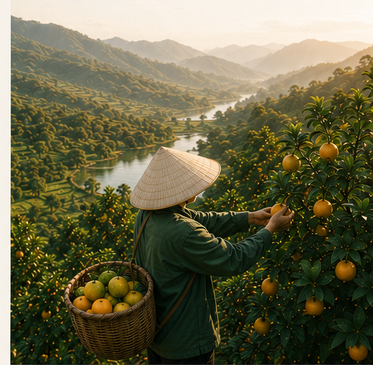 Nông dân Việt Nam thu hoạch cam vỏ xanh